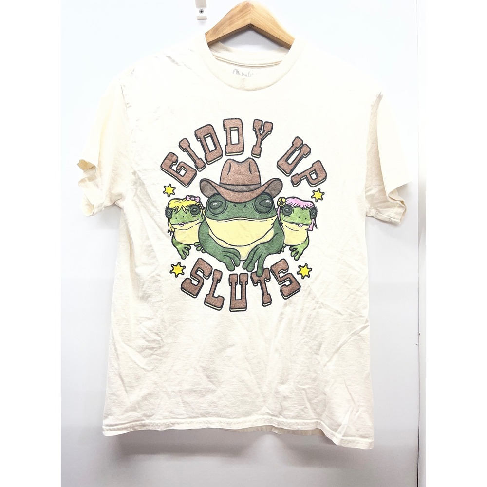 Spencers Giddy Up Sluts Frog Cowboy Graphic T-Shirt Cream Mens Medium